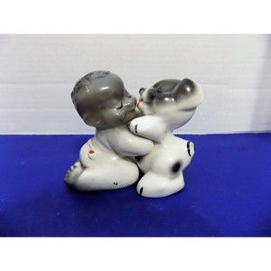 Vintage Van Tellingen Boy Dog Puppy Hugger Salt Pepper Shakers